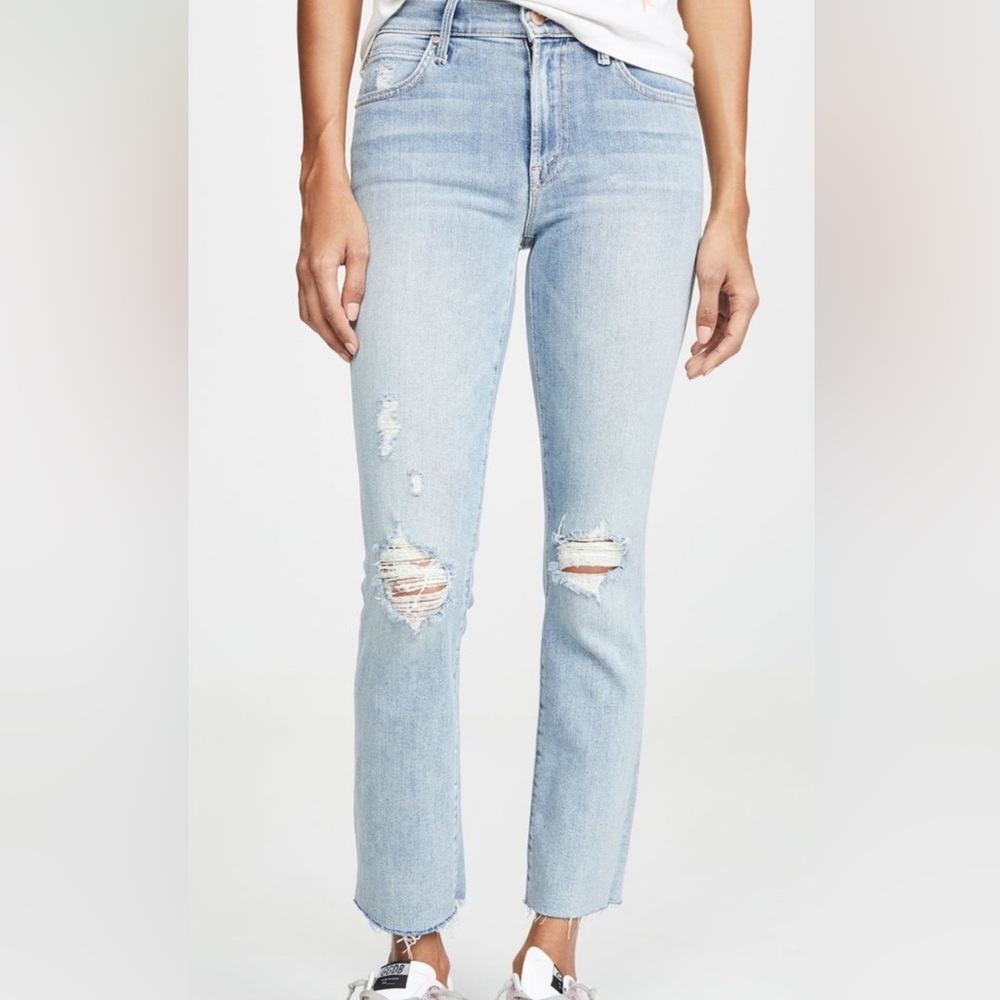 MOTHER Sky Blue Distressed Straight Leg Jeans
